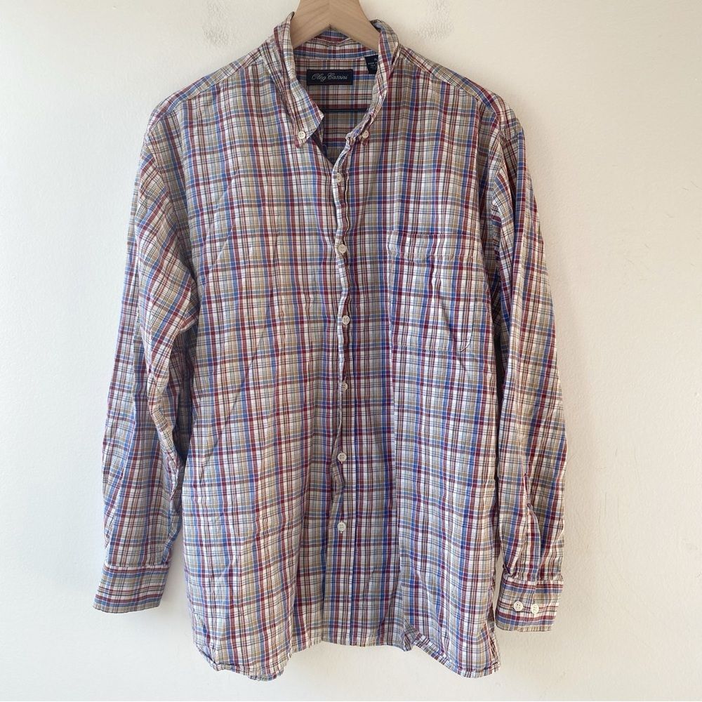 oleg cassini multi plaid silk cotton blend button down shirt size xl